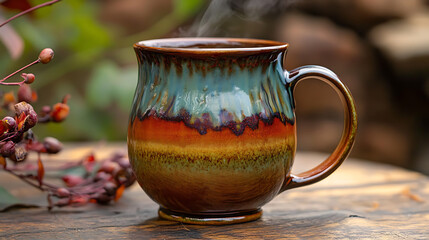 A beautifully crafted handmade ceramic mug filled with warm tea, resting on a wooden table 