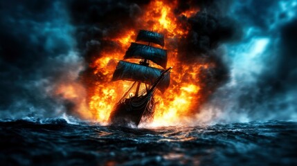 Burning Galleon in a Stormy Sea Dramatic Seascape Artwork