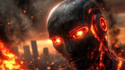 Fiery Apocalypse Robot Glowing Eyes of a Technological Ruin