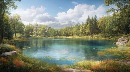 Fototapeta premium A serene lake surrounded by lush greenery and mountains under a bright sky.