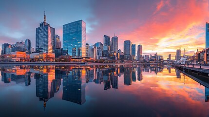 Obraz premium Sunset cityscape reflection melbourne urban photography waterfront aesthetic