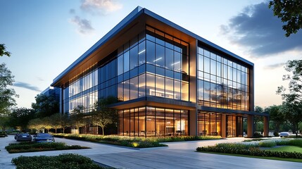 Fototapeta premium Modern office building at dusk business district architectural design