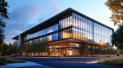 Modern office building urban setting architectural photography dusk aesthetic appeal