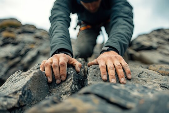 Front view of a hiker climbing a rocky hill close-up of hands gripping the rocks