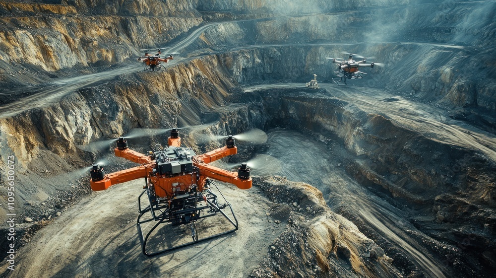 Poster drones surveying a mining site, capturing aerial data for analysis and operations.