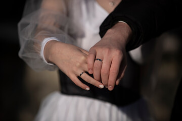 Wedding. Love couple. Engagement ring. Proposal hands. Engaged couple. Marriage celebration and...
