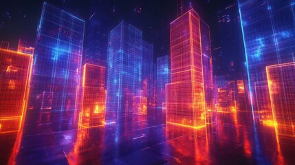 Fototapeta premium A futuristic cityscape with glowing skyscrapers in vibrant colors.