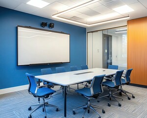 blank screen white b0ad in modern office Modern conference room with blue decor.