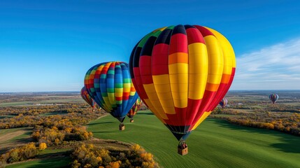 Fototapeta premium Colorful Hot Air Balloons Soaring Over Autumnal Landscape
