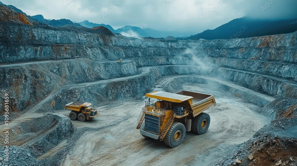 Poster a mining site featuring large dump trucks operating in a quarry under cloudy skies.