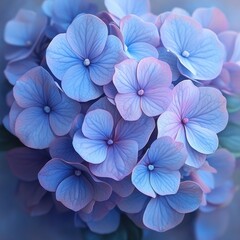 A close-up of delicate blue and purple hydrangea flowers in soft focus.