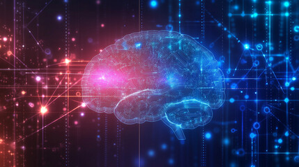人工知能とニューラルネットワークのイメージを脳と光の粒子で描いたAI生成画像
