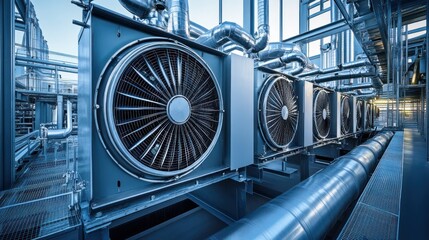 Fototapeta premium Industrial cooling system with large fans and pipes in a modern facility.