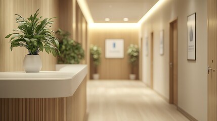 Modern office reception area business building interior design calm atmosphere wide angle professional aesthetic