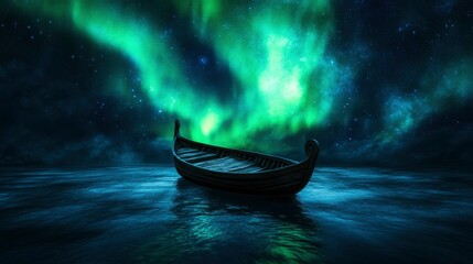 Fototapeta premium Lone Boat Under the Aurora Borealis