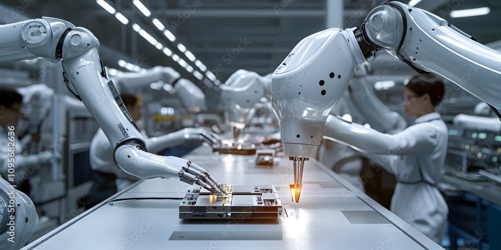 Poster robotic arms assembling electronic components in a modern factory setting.