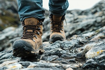 Front view of a hiker trekking on a rugged trail close-up of boots on the rocks