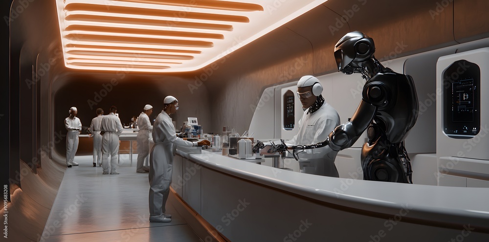 Poster futuristic laboratory scene with humans and robots collaborating on scientific tasks.