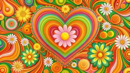 Vibrant Retro Floral Heart Design with Swirling Patterns and Colorful Flowers