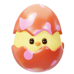 baby chick hatching from abstract red and pink pattern Easter egg, 3D Cute Cartoon Cracked chick egg. Happy Easter day festival. Spring holiday