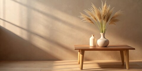 Serene Minimalist Interior Design with Dried Floral Arrangement on Wooden Coffee Table