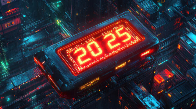 A futuristic digital clock displaying the year 2025 amidst a neon-lit cityscape.