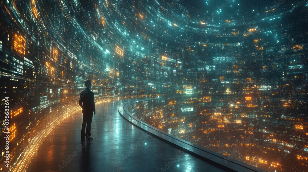 Poster a figure stands in a futuristic digital environment filled with glowing data streams.
