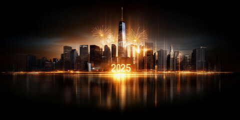Fototapeta premium Glowing City Skyline with 2025 and Illuminating Lights