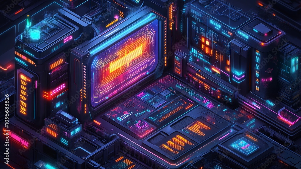 Poster futuristic isometric illustration of a complex technological system with glowing neon lights and int