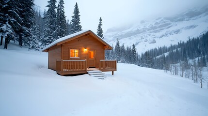 Cozy cabin retreat in winter wonderland scenic landscape photography snowy environment tranquil atmosphere