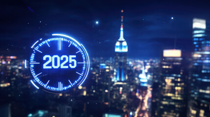 A futuristic cityscape showing a clock indicating the year 2025.