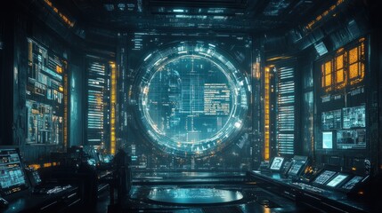Obraz premium Futuristic control room with a large circular display and advanced technology interfaces.