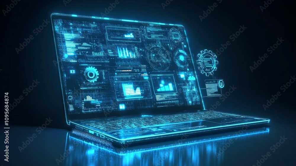 Poster futuristic laptop displaying digital data and interfaces.