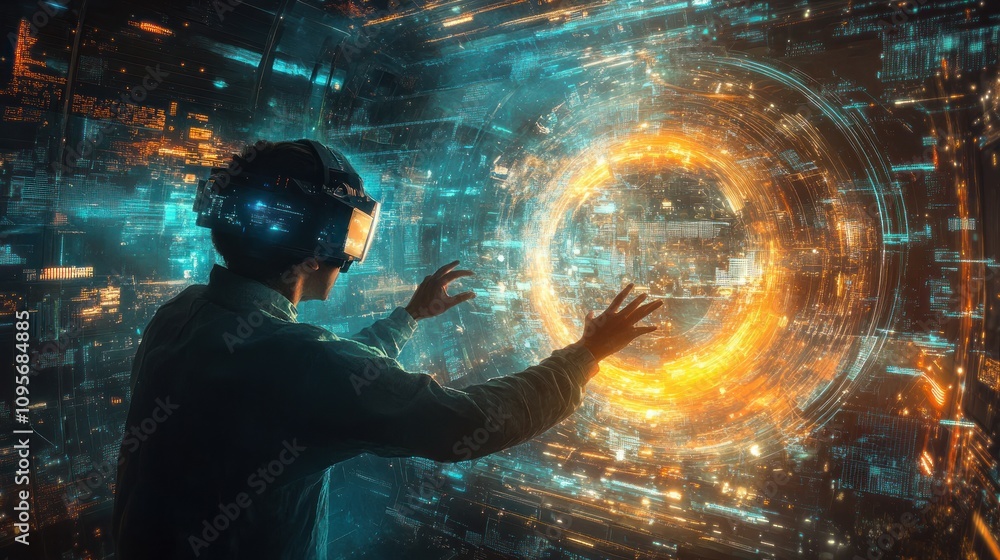 Poster a person in a virtual reality headset interacts with a glowing digital interface.