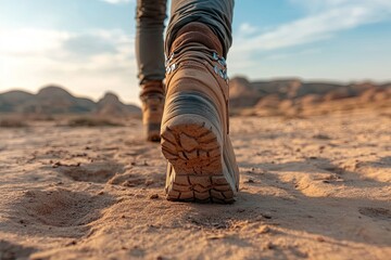 Front view of a hiker walking on a desert trail close-up of boots on the sand