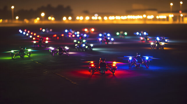 A nighttime display of colorful drones illuminated on a runway, showcasing technology and design.