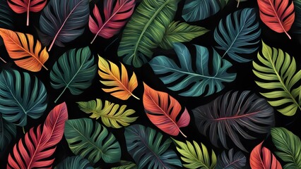 A bunch of colorful tropical leaves on a black background