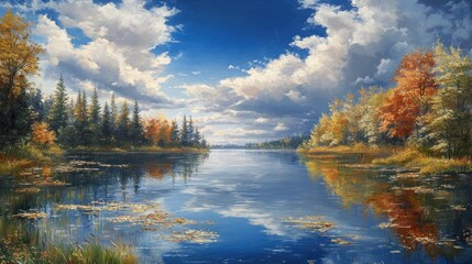 Fototapeta premium A serene autumn landscape featuring a tranquil lake surrounded by colorful trees and clouds.