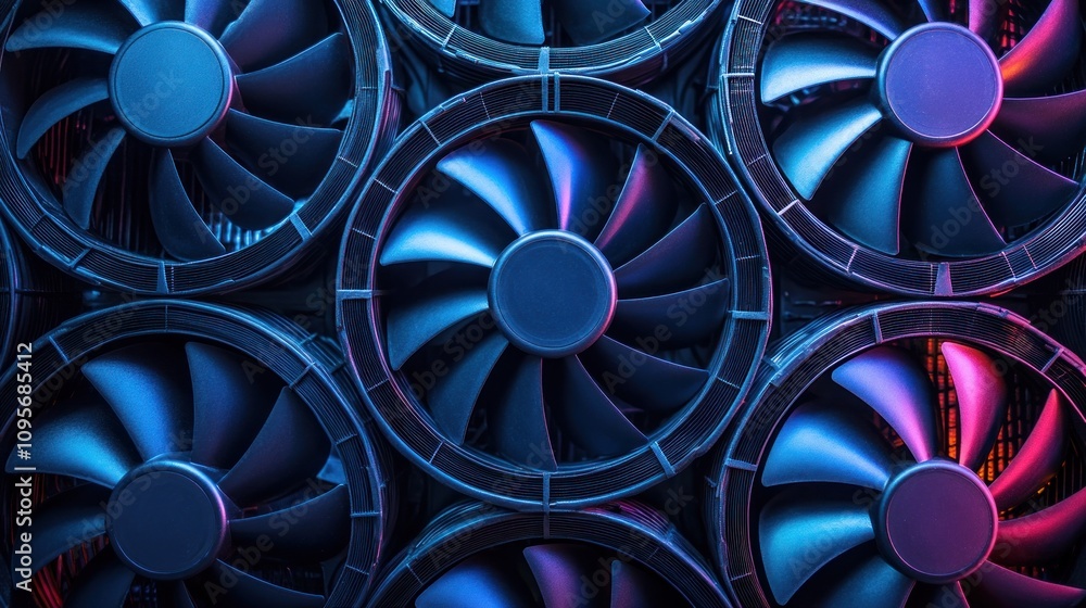 Poster a close-up of multiple cooling fans arranged in a visually striking pattern.