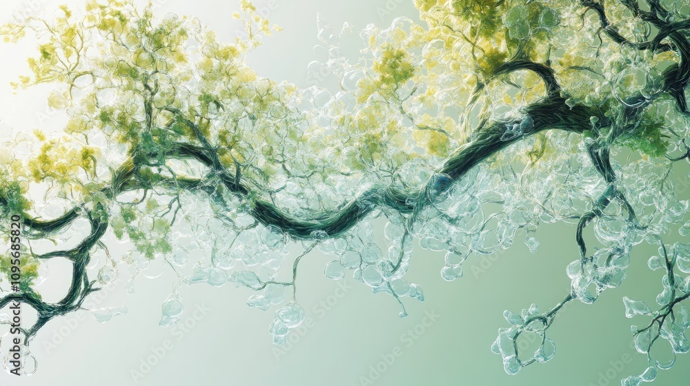 Poster a stylized depiction of a tree branch with translucent leaves and a soft gradient background.
