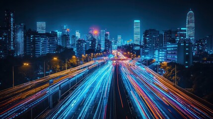 Fototapeta premium A vibrant night cityscape with light trails from traffic and illuminated skyscrapers.