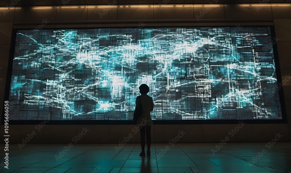 Poster a silhouette stands before a large, dynamic digital display, showcasing abstract data patterns.
