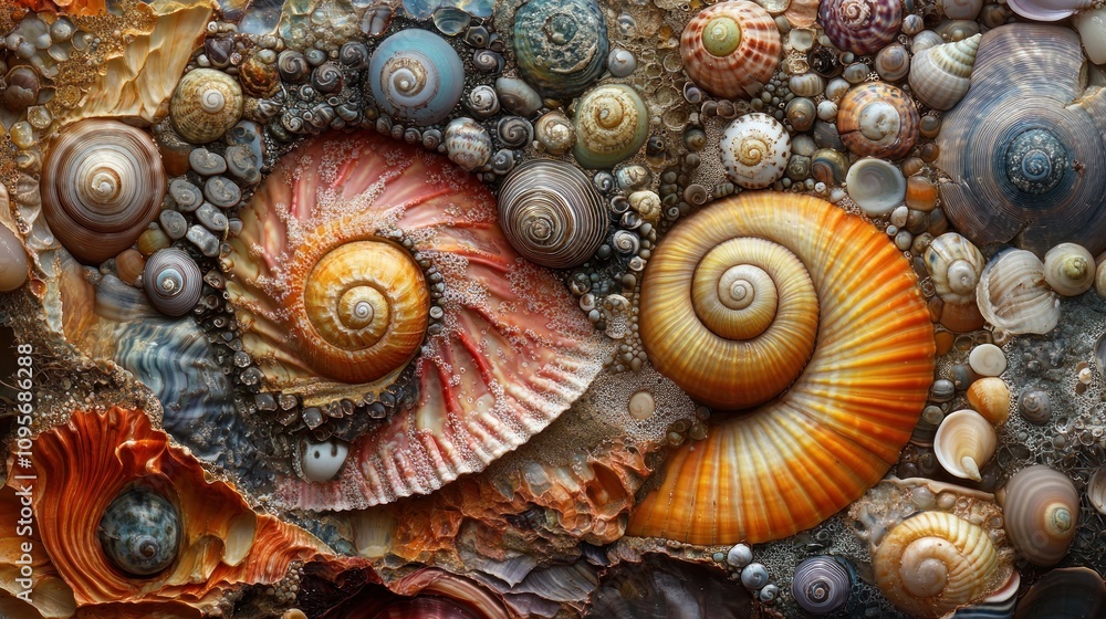 Aufkleber a vibrant array of colorful seashells displayed in a natural setting.