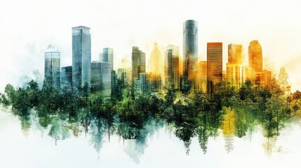 Obraz premium A vibrant city skyline blending with lush greenery, showcasing urban and natural harmony.