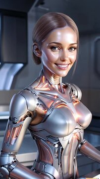 Lifelike female android exhibiting a radiant smile and advanced ai features