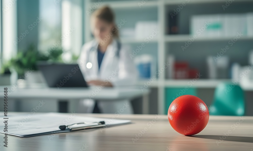 Poster a red ball on a desk with a blurred figure in a lab coat working on a laptop in the background.