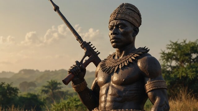 A stone statue of Ogun, the Yoruba warrior god, wearing animal hide, holding a hunting rifle, with an African savannah and prey in the backdrop
