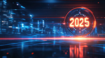 Futuristic graphic depicting the year 2025 with a glowing digital cityscape backdrop.