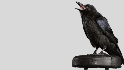 Black raven isolated on white background, crow cutout in empty backdrop
