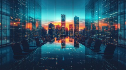 Obraz premium A modern conference room with a city skyline view at sunset.